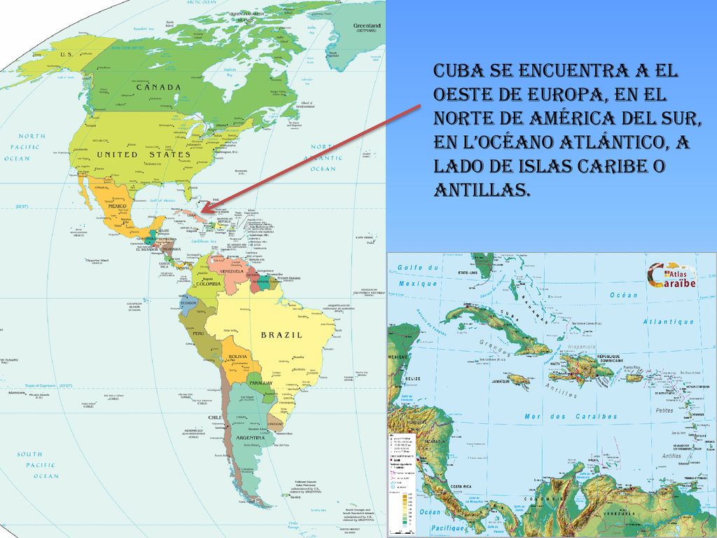 Cuba se encuentra a el oeste de Europa, en el norte de América del Sur, en l’océano atlántico, a lado de islas Caribe o Antillas.