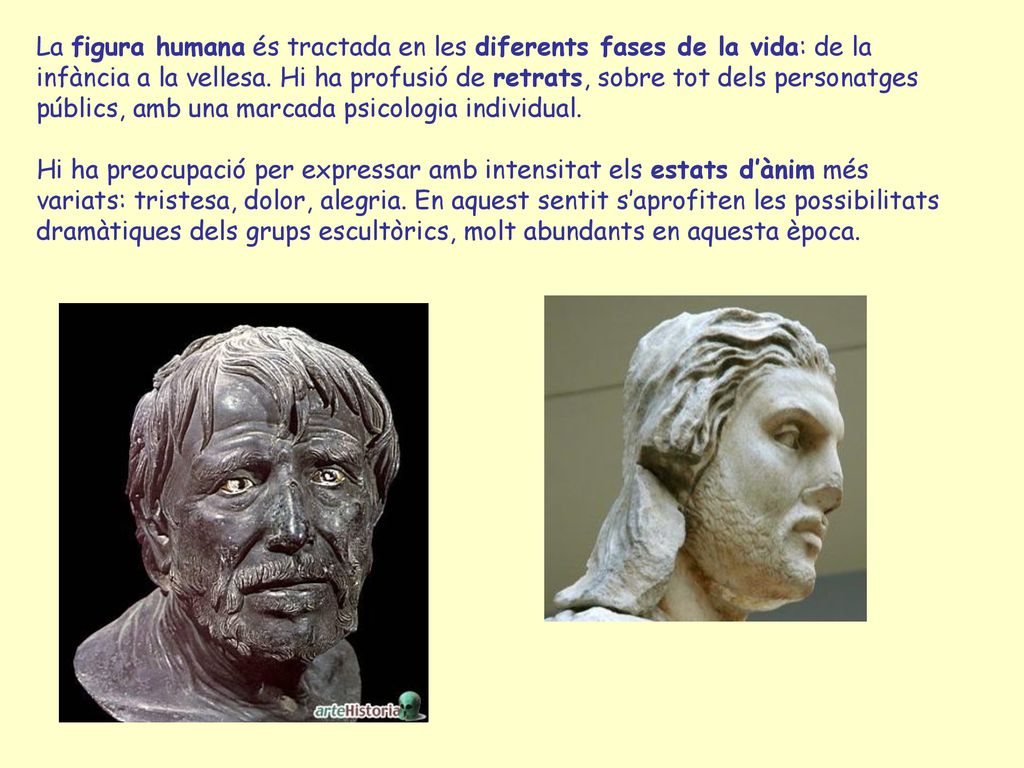 La figura humana és tractada en les diferents fases de la vida: de la infància a la vellesa. Hi ha profusió de retrats, sobre tot dels personatges públics, amb una marcada psicologia individual.