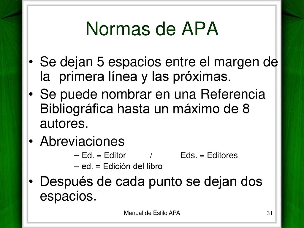 Normas de APA Se dejan 5 espacios entre el margen de la primera línea y las próximas.