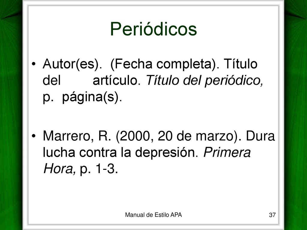 Periódicos Autor(es). (Fecha completa). Título del artículo. Título del periódico, p. página(s).