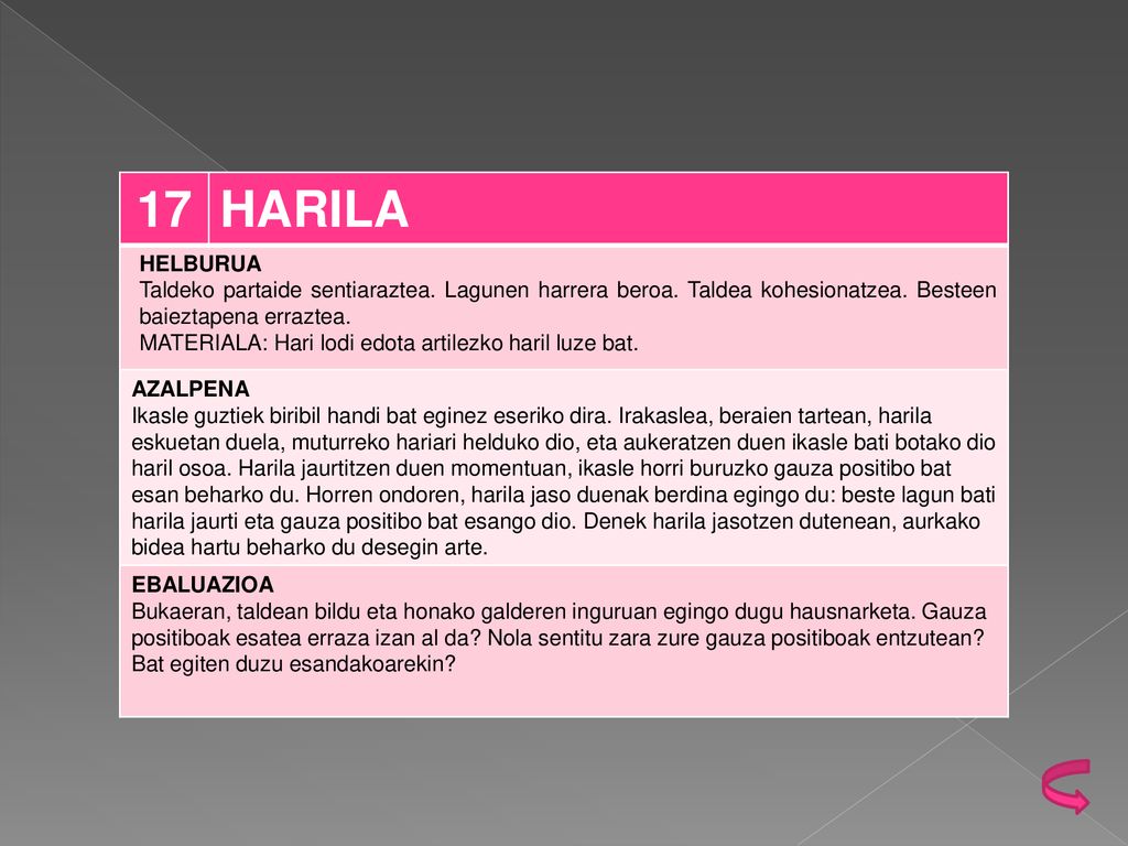 17 HARILA. HELBURUA. Taldeko partaide sentiaraztea. Lagunen harrera beroa. Taldea kohesionatzea. Besteen baieztapena erraztea.