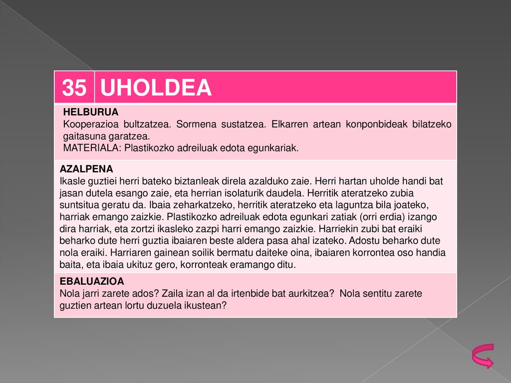 35 UHOLDEA. HELBURUA. Kooperazioa bultzatzea. Sormena sustatzea. Elkarren artean konponbideak bilatzeko gaitasuna garatzea.