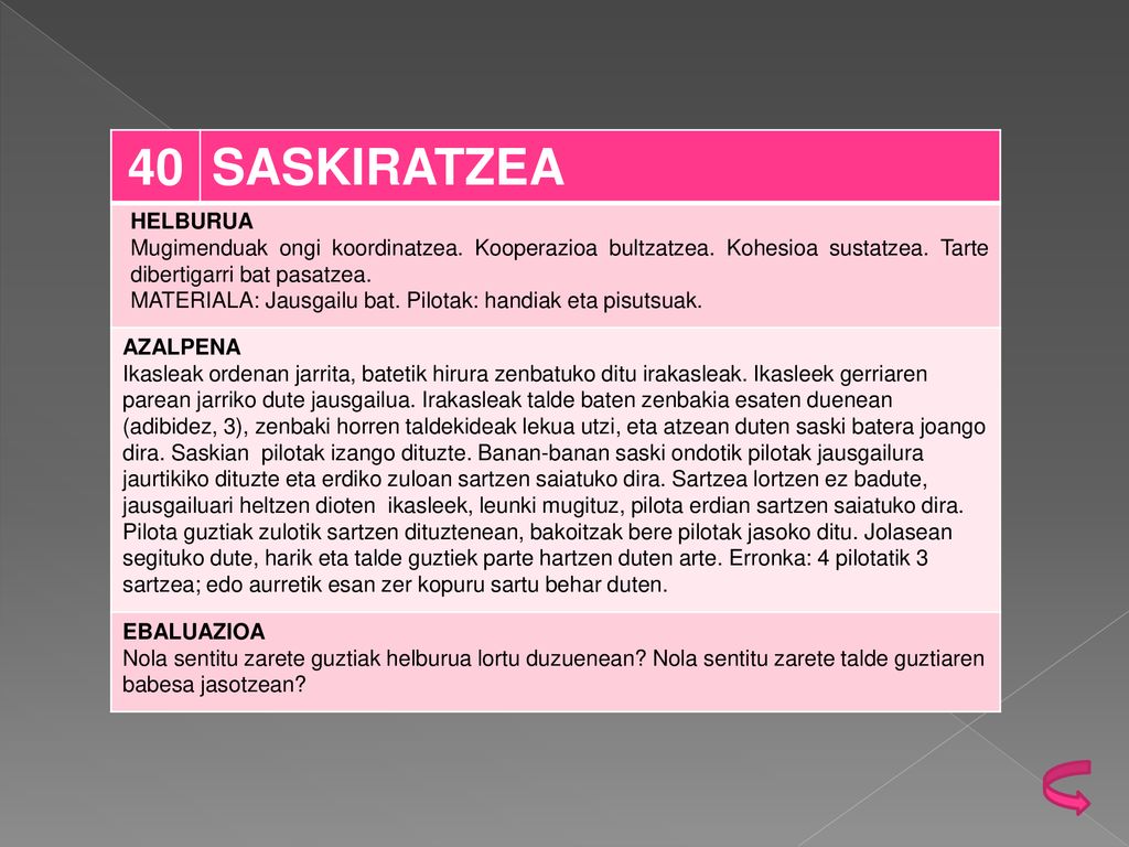 40 SASKIRATZEA. HELBURUA. Mugimenduak ongi koordinatzea. Kooperazioa bultzatzea. Kohesioa sustatzea. Tarte dibertigarri bat pasatzea.