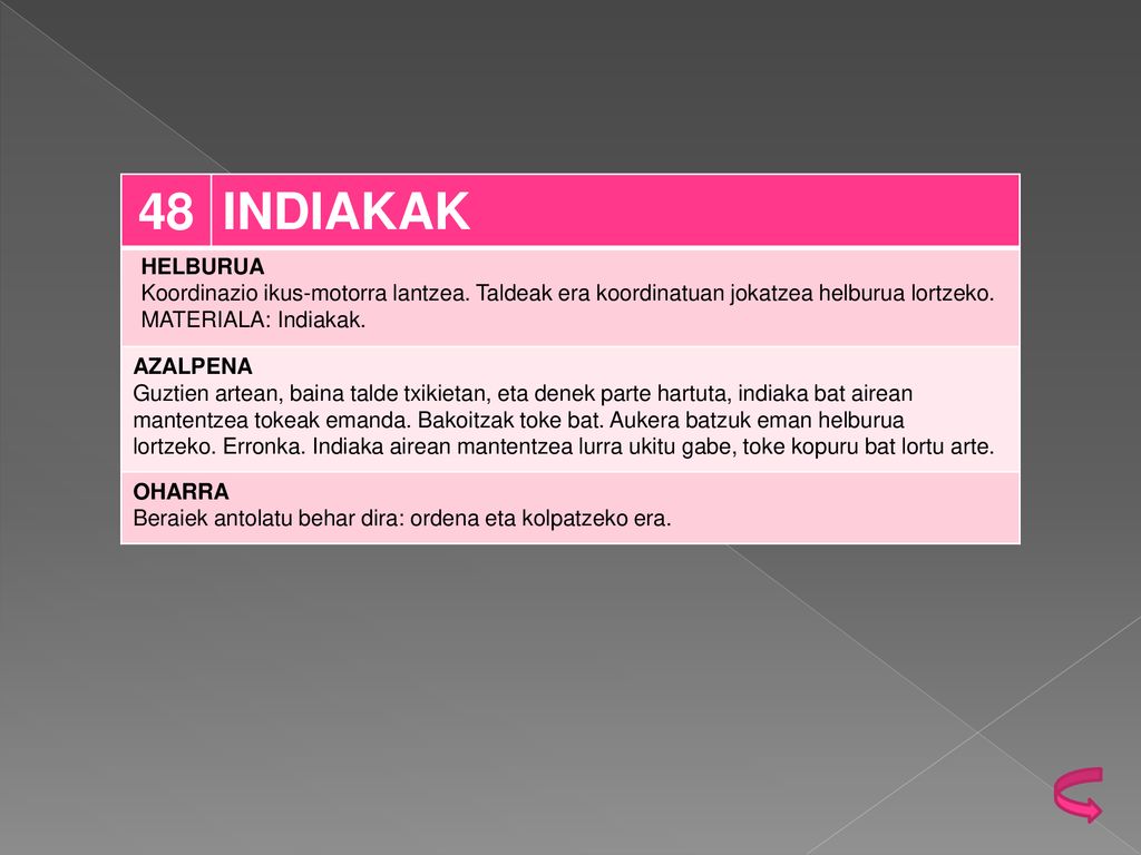 48 INDIAKAK. HELBURUA. Koordinazio ikus-motorra lantzea. Taldeak era koordinatuan jokatzea helburua lortzeko.