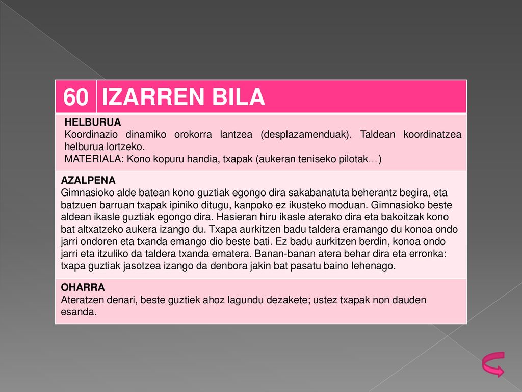 60 IZARREN BILA. HELBURUA. Koordinazio dinamiko orokorra lantzea (desplazamenduak). Taldean koordinatzea helburua lortzeko.