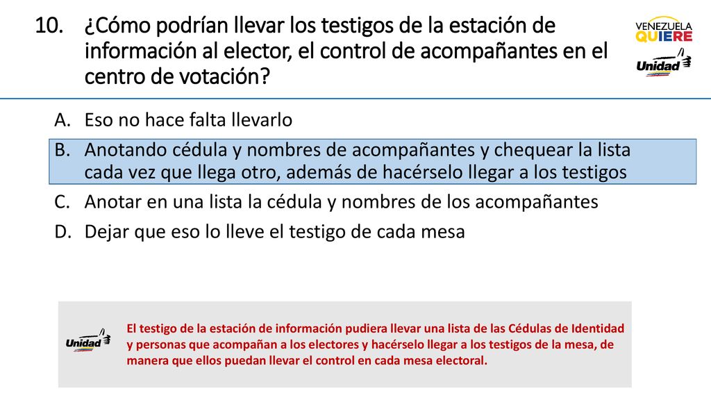 ¿Cómo podrían llevar los testigos de la estación de información al elector, el control de acompañantes en el centro de votación