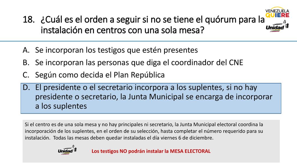 ¿Cuál es el orden a seguir si no se tiene el quórum para la instalación en centros con una sola mesa