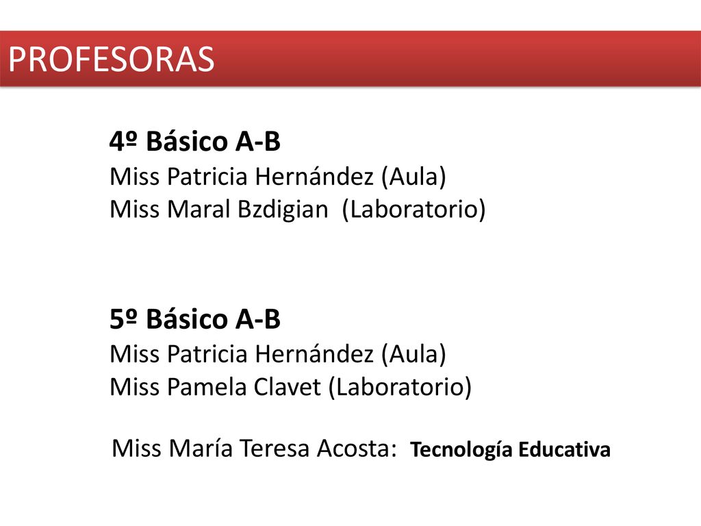PROFESORAS 4º Básico A-B 5º Básico A-B Miss Patricia Hernández (Aula)
