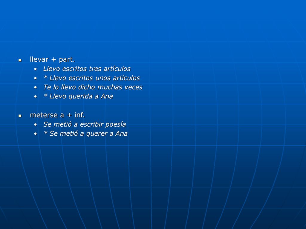 llevar + part. meterse a + inf. Llevo escritos tres artículos