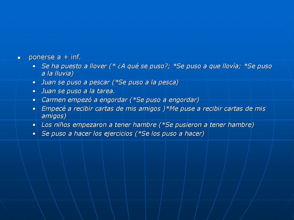 ponerse a + inf. Se ha puesto a llover (* ¿A qué se puso ; *Se puso a que llovía; *Se puso a la lluvia)