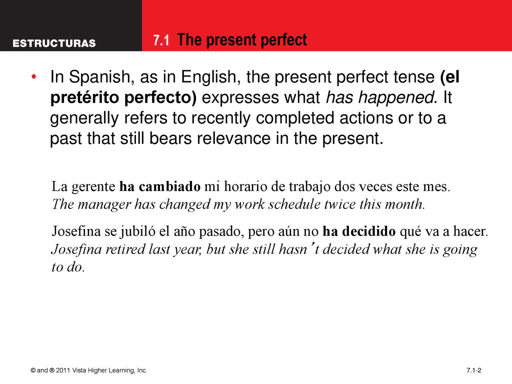 In Spanish, as in English, the present perfect tense (el pretérito perfecto) expresses what has happened. It generally refers to recently completed actions or to a past that still bears relevance in the present.