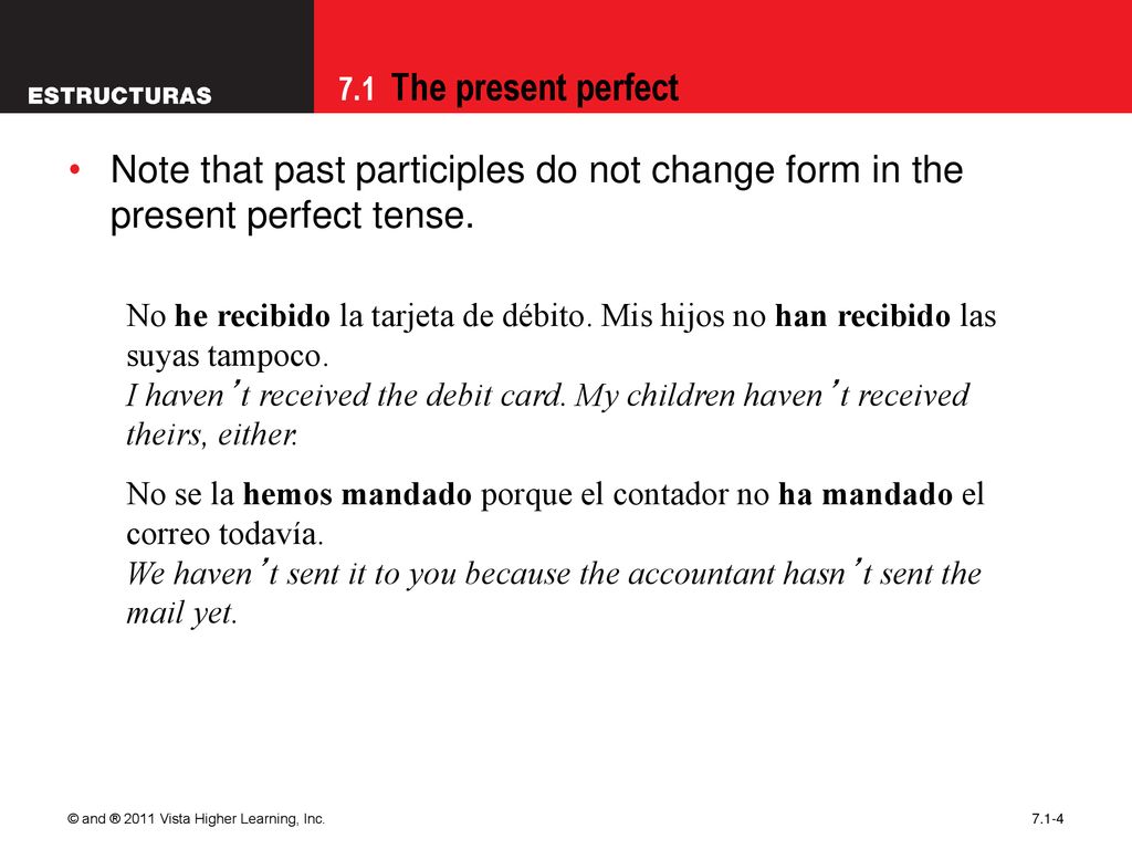 Note that past participles do not change form in the present perfect tense.