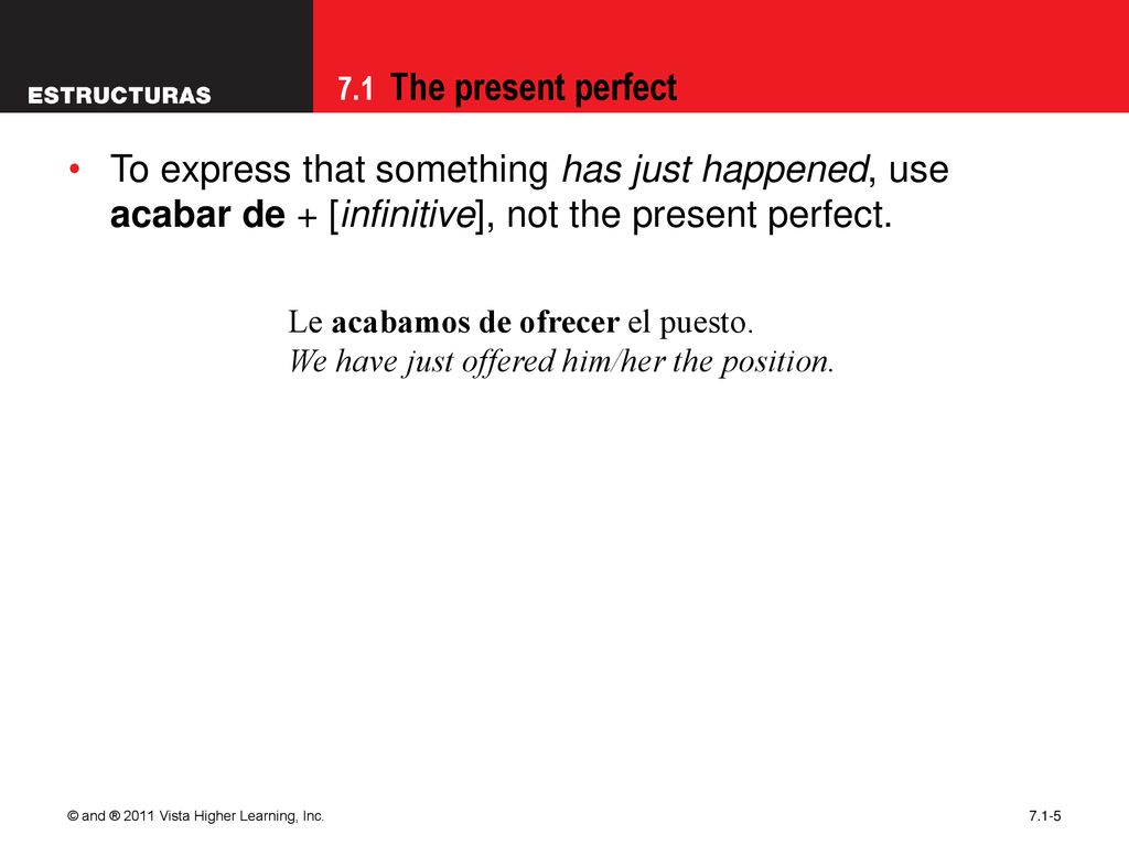 To express that something has just happened, use acabar de + [infinitive], not the present perfect.