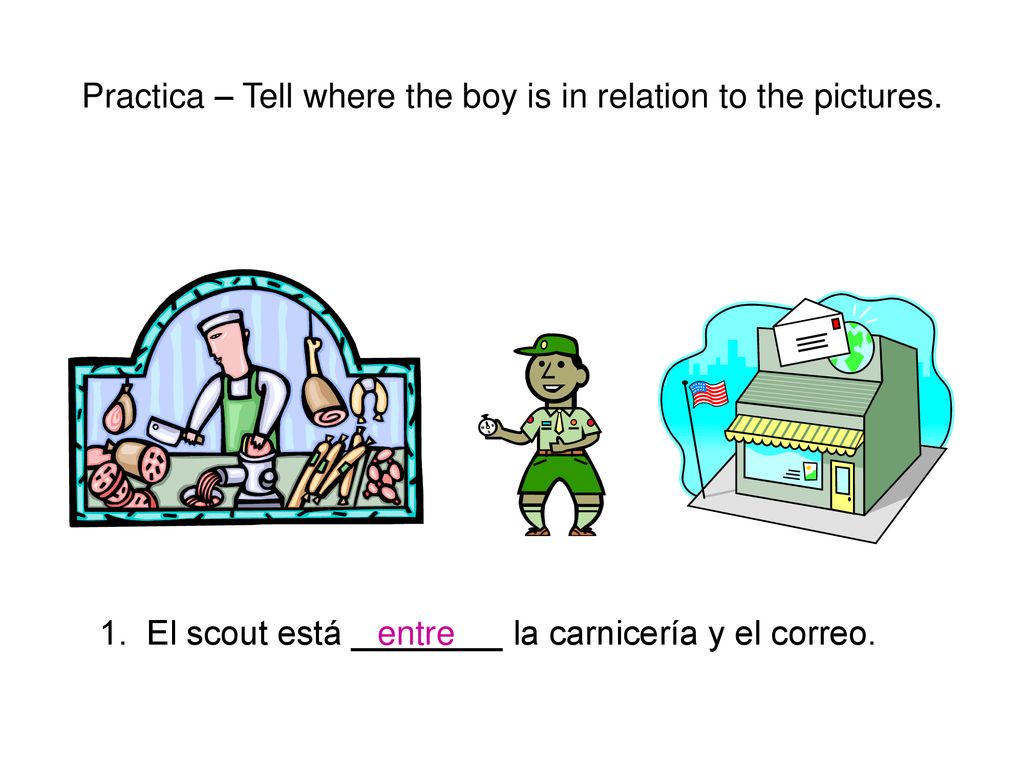 Practica – Tell where the boy is in relation to the pictures.