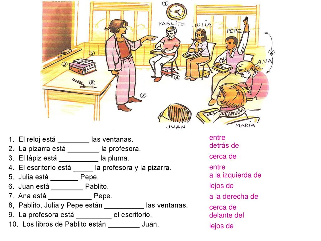 entre 1. El reloj está ________ las ventanas. 2. La pizarra está ________ la profesora. 3. El lápiz está __________ la pluma.