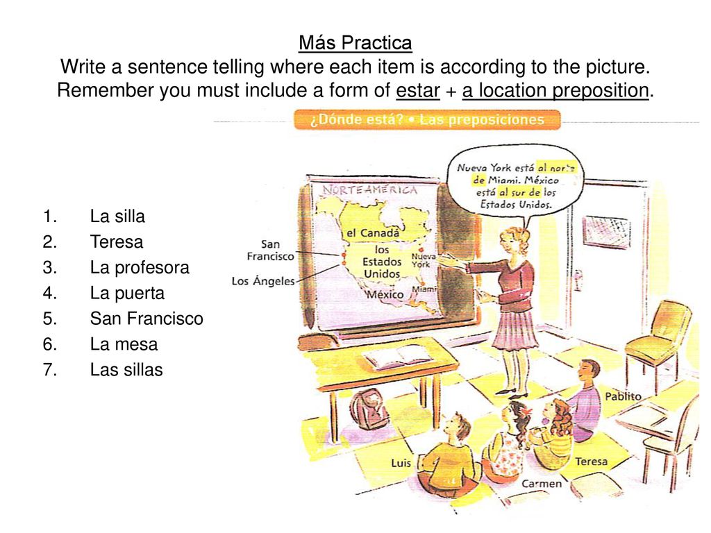 Más Practica Write a sentence telling where each item is according to the picture. Remember you must include a form of estar + a location preposition.