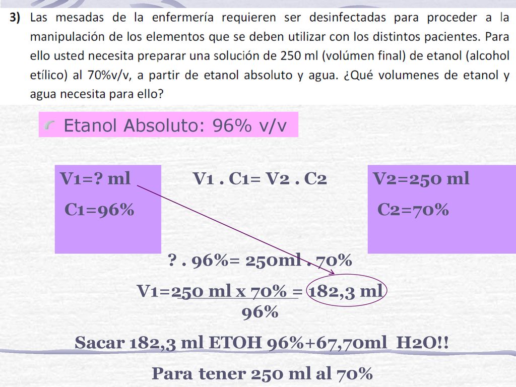Etanol Absoluto: 96% v/v V1 . C1= V2 . C2. V1= ml. C1=96% V2=250 ml. C2=70% . 96%= 250ml . 70%