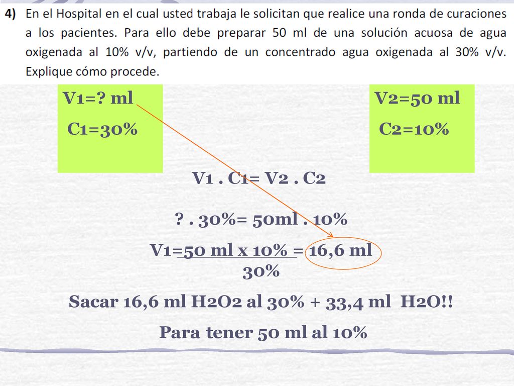 V1= ml C1=30% V2=50 ml. C2=10% V1 . C1= V2 . C %= 50ml . 10% V1=50 ml x 10% = 16,6 ml 30%
