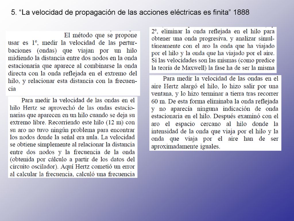 5. La velocidad de propagación de las acciones eléctricas es finita 1888
