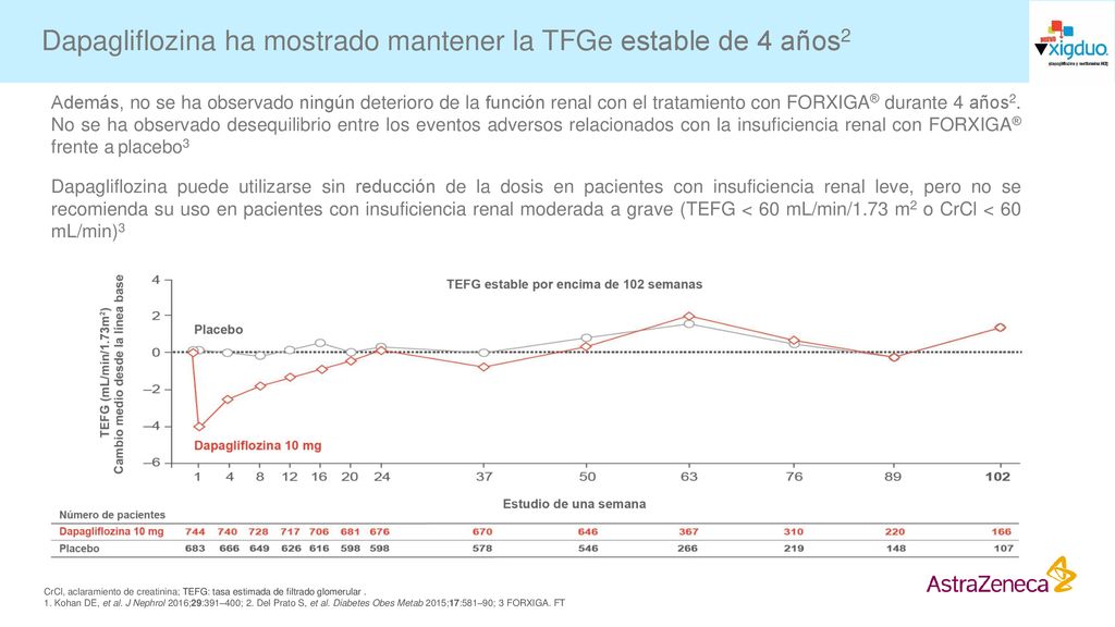 Dapagliflozina ha mostrado mantener la TFGe estable de 4 años2