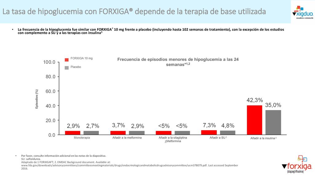 La tasa de hipoglucemia con FORXIGA® depende de la terapia de base utilizada