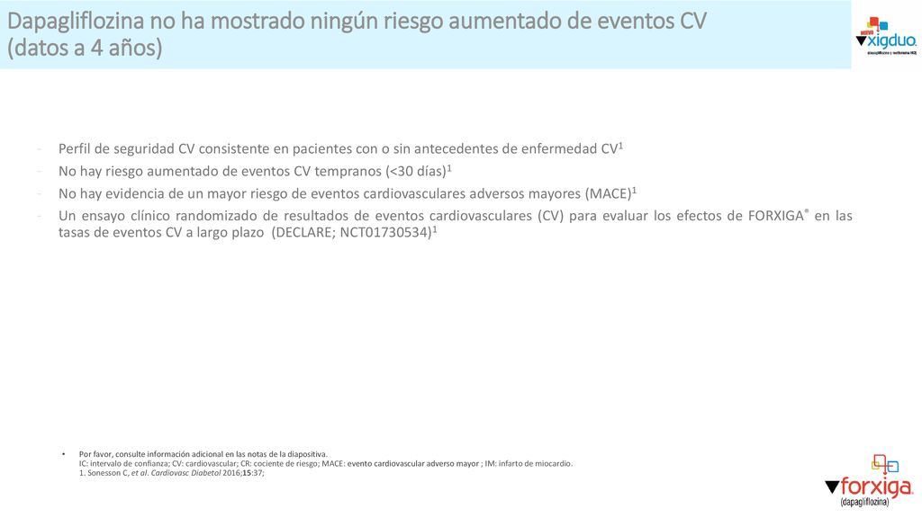 Dapagliflozina no ha mostrado ningún riesgo aumentado de eventos CV (datos a 4 años)