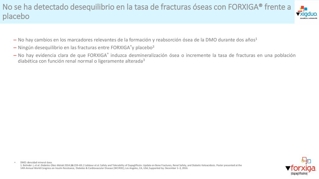 No se ha detectado desequilibrio en la tasa de fracturas óseas con FORXIGA® frente a placebo