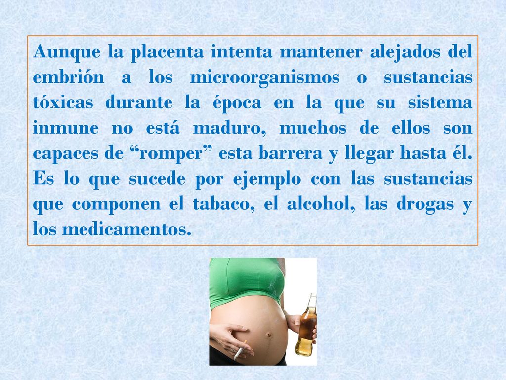 Aunque la placenta intenta mantener alejados del embrión a los microorganismos o sustancias tóxicas durante la época en la que su sistema inmune no está maduro, muchos de ellos son capaces de romper esta barrera y llegar hasta él.