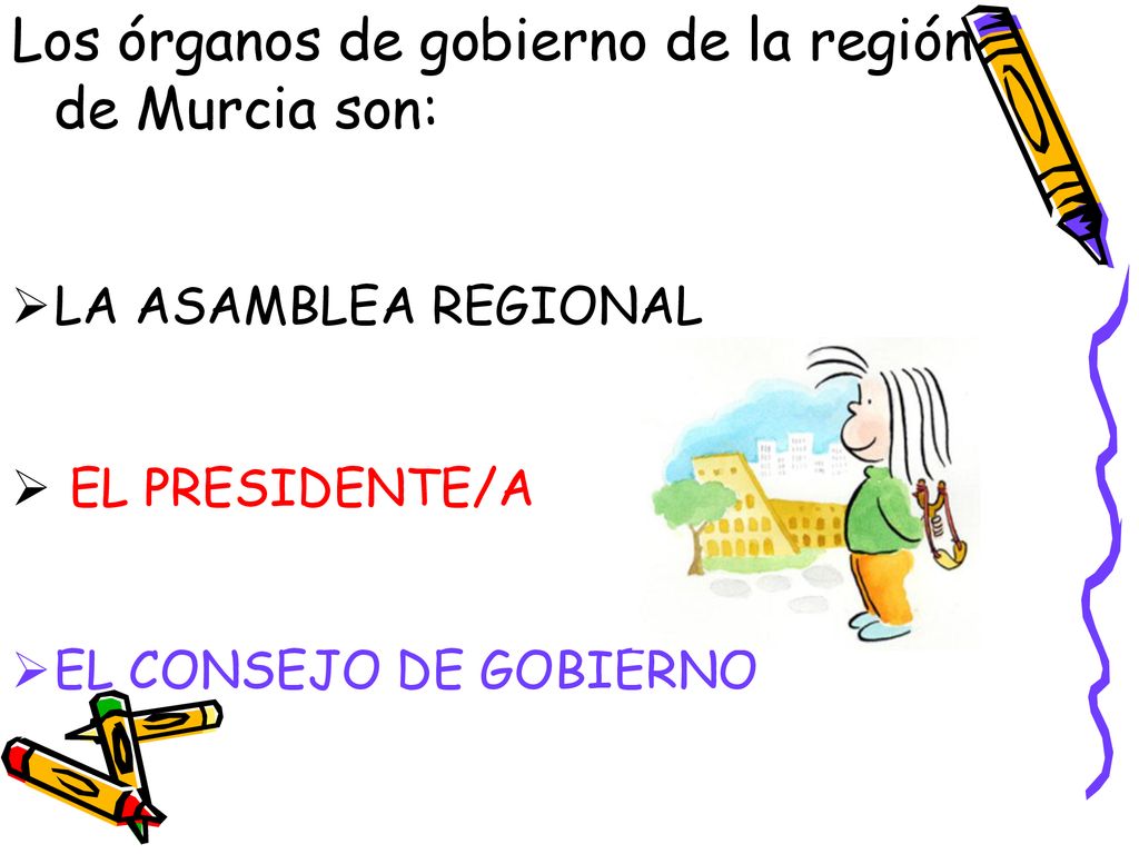 Los órganos de gobierno de la región de Murcia son: