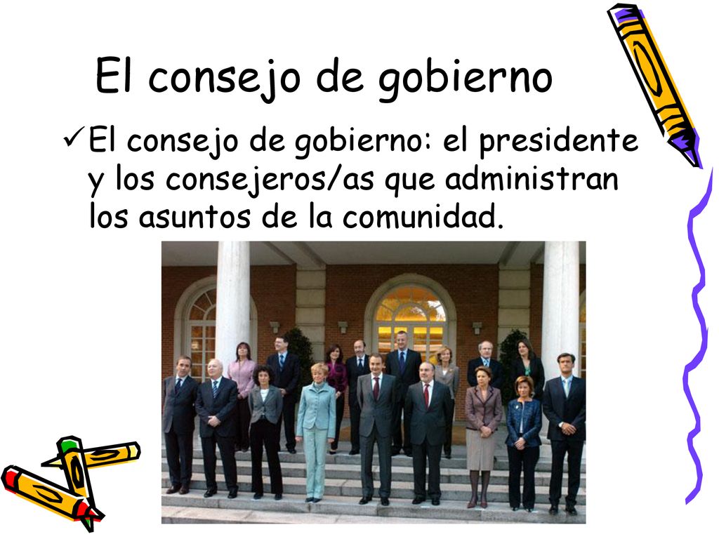 El consejo de gobierno El consejo de gobierno: el presidente y los consejeros/as que administran los asuntos de la comunidad.
