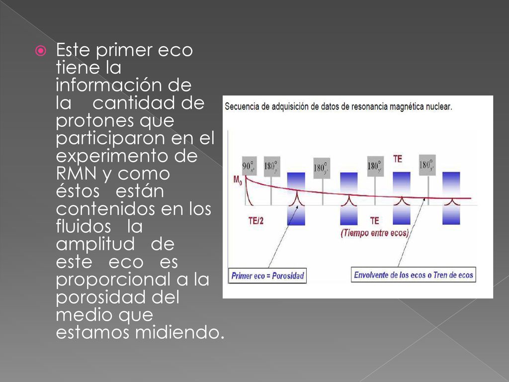 Este primer eco tiene la información de la cantidad de protones que participaron en el experimento de RMN y como éstos están contenidos en los fluidos la amplitud de este eco es proporcional a la porosidad del medio que estamos midiendo.