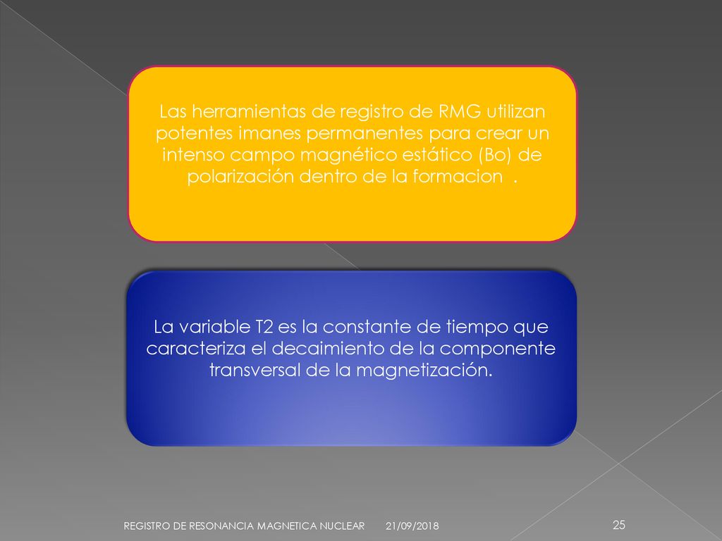 Las herramientas de registro de RMG utilizan potentes imanes permanentes para crear un intenso campo magnético estático (Bo) de polarización dentro de la formacion .