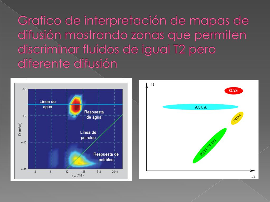 Grafico de interpretación de mapas de difusión mostrando zonas que permiten discriminar fluidos de igual T2 pero diferente difusión