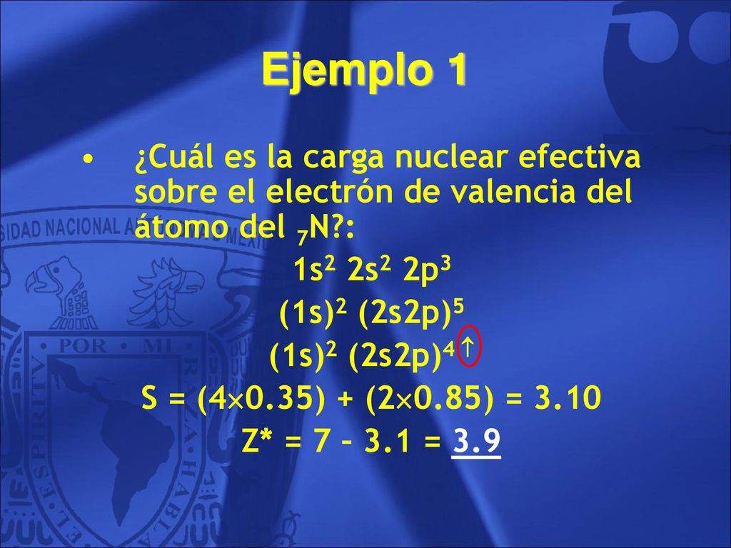 Ejemplo 1 ¿Cuál es la carga nuclear efectiva sobre el electrón de valencia del átomo del 7N : 1s2 2s2 2p3.