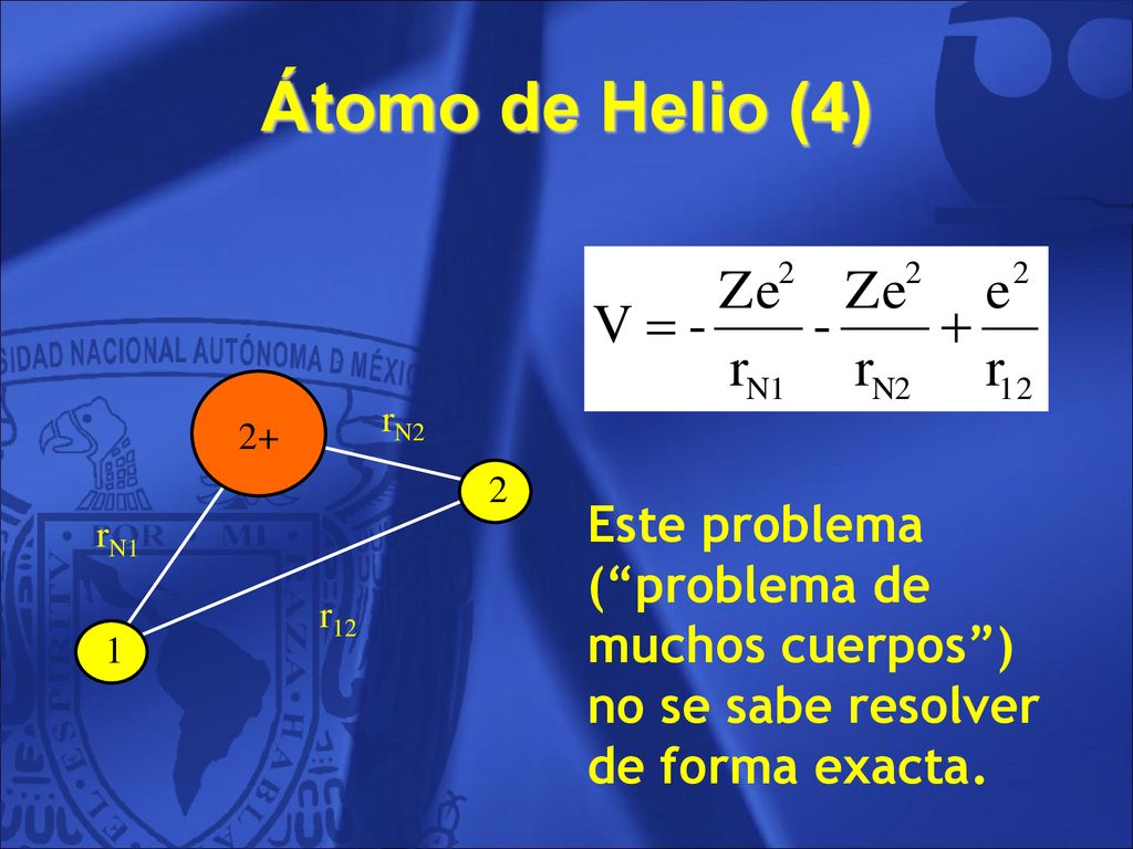 Átomo de Helio (4) rN1. rN2. r12. Este problema ( problema de muchos cuerpos ) no se sabe resolver de forma exacta.