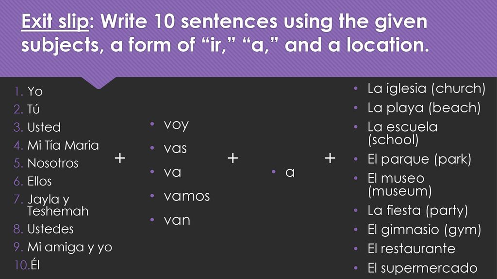 Exit slip: Write 10 sentences using the given subjects, a form of ir, a, and a location.