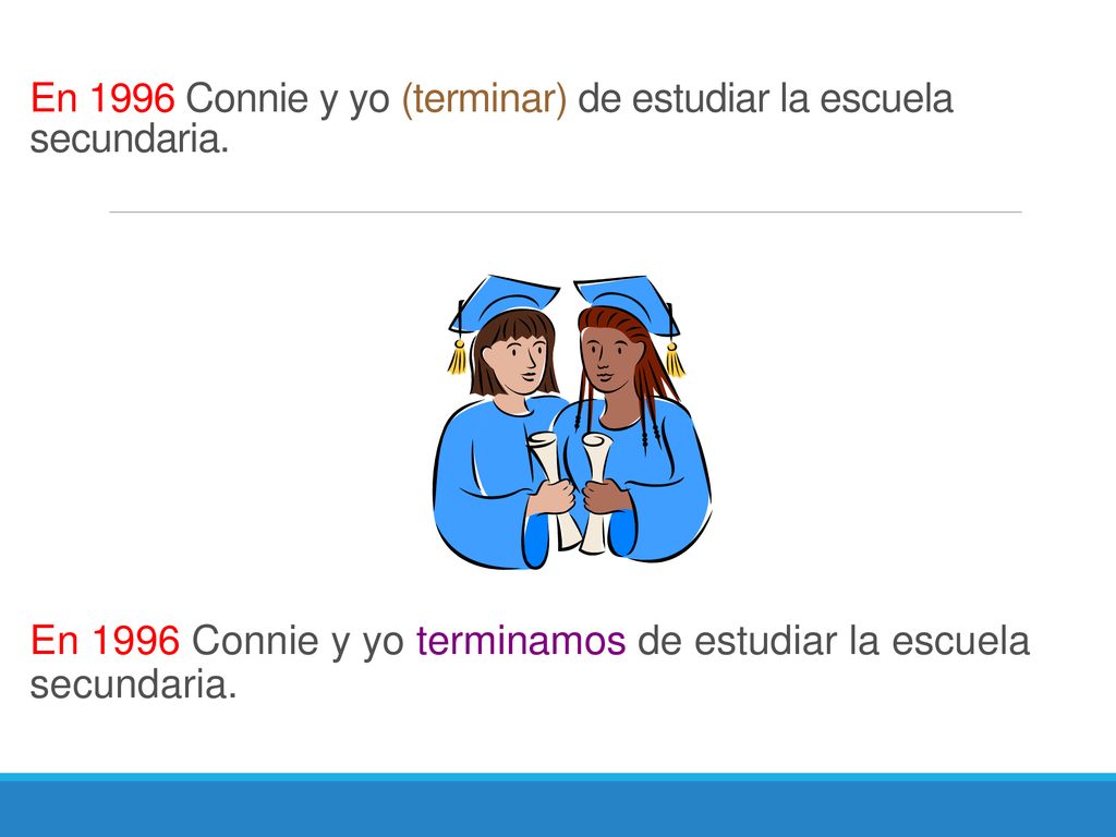 En 1996 Connie y yo (terminar) de estudiar la escuela secundaria.