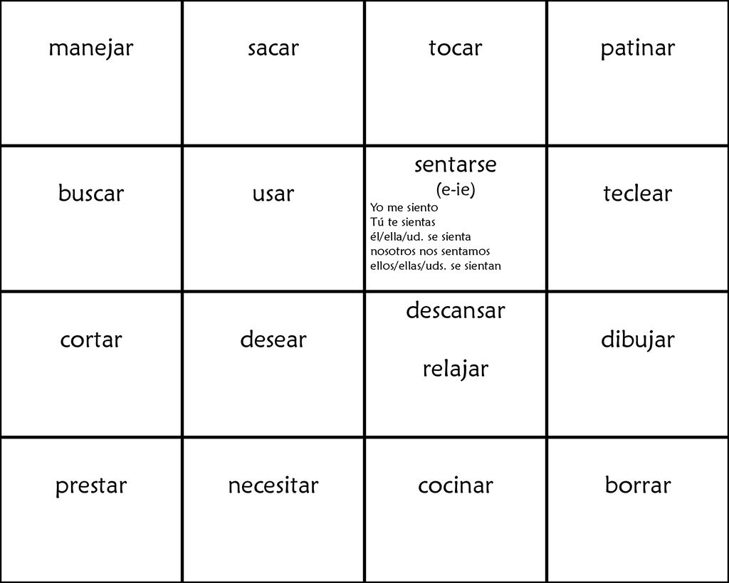 manejar sacar tocar patinar buscar usar sentarse teclear cortar desear