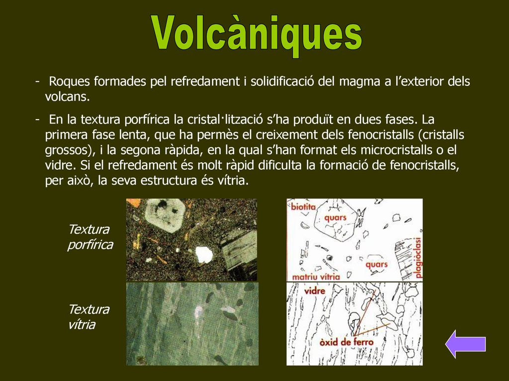 Volcàniques Roques formades pel refredament i solidificació del magma a l’exterior dels volcans.