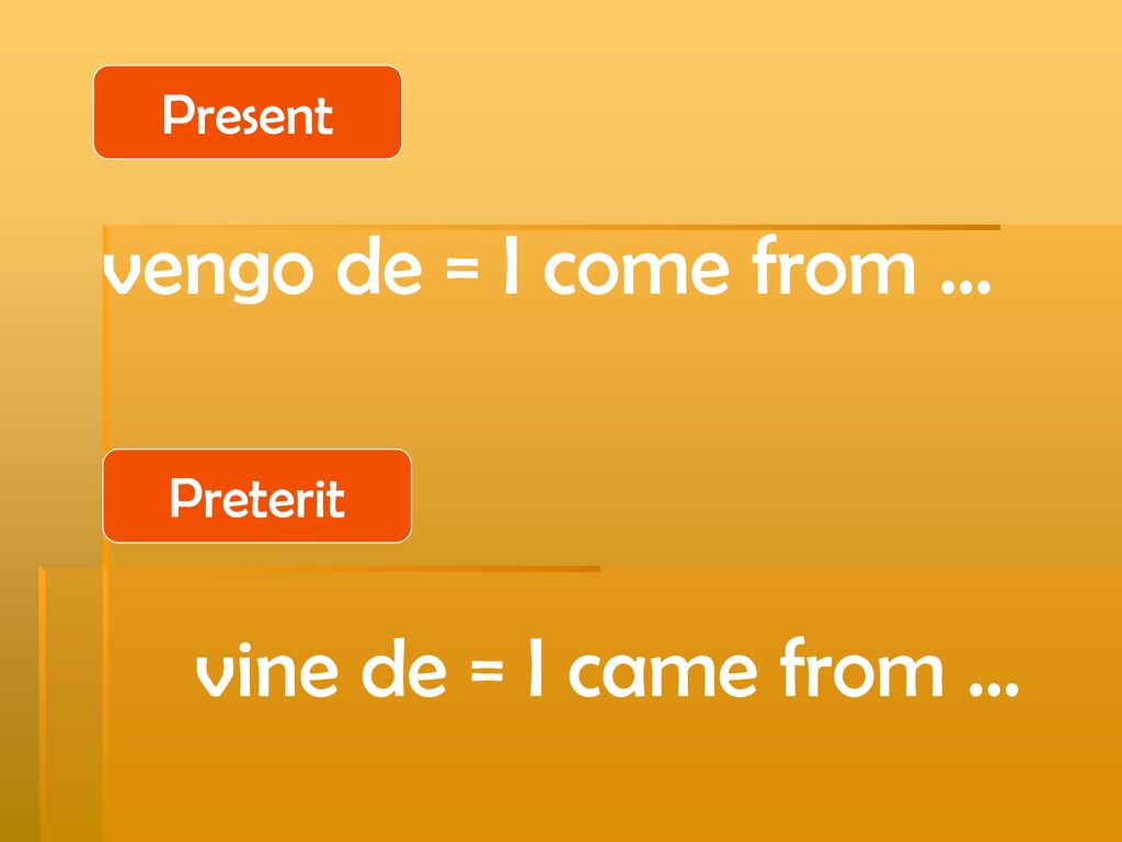 Present vengo de = I come from … Preterit vine de = I came from …