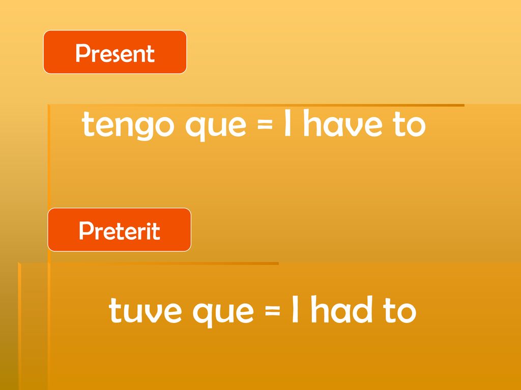 Present tengo que = I have to Preterit tuve que = I had to