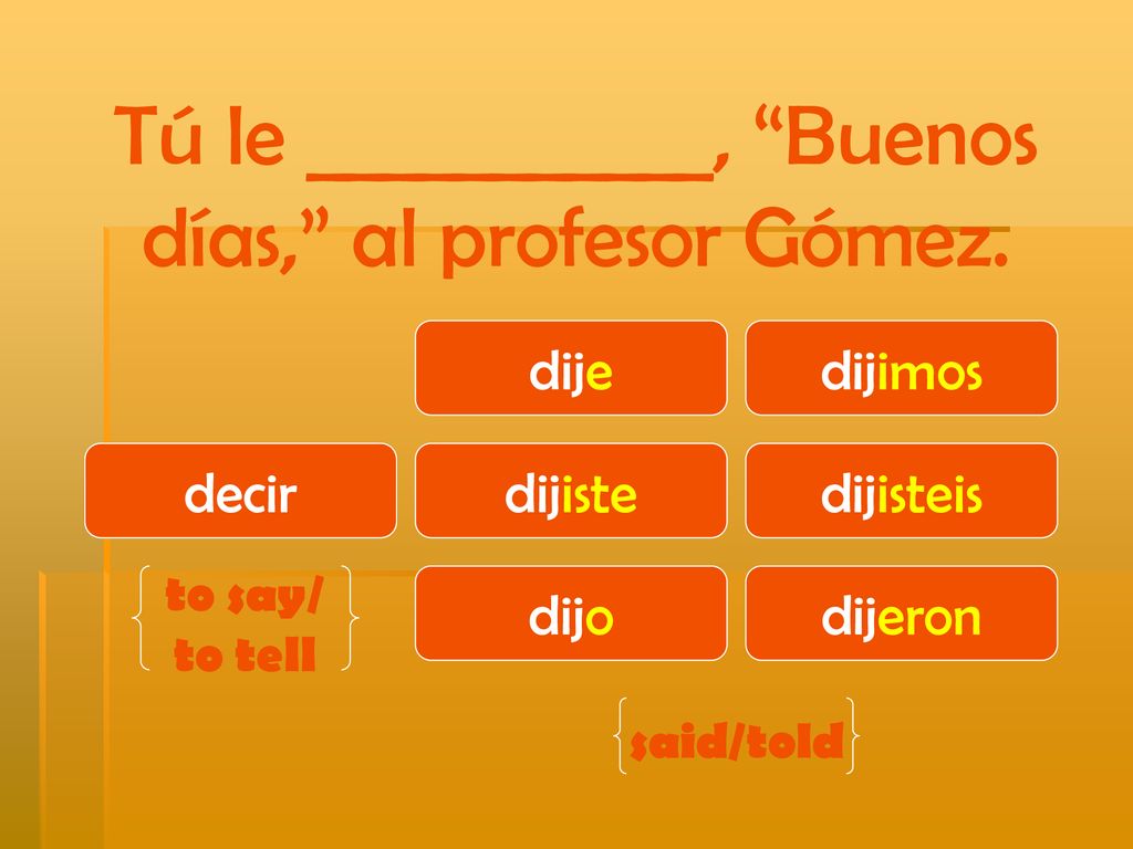 Tú le ___________, Buenos días, al profesor Gómez.