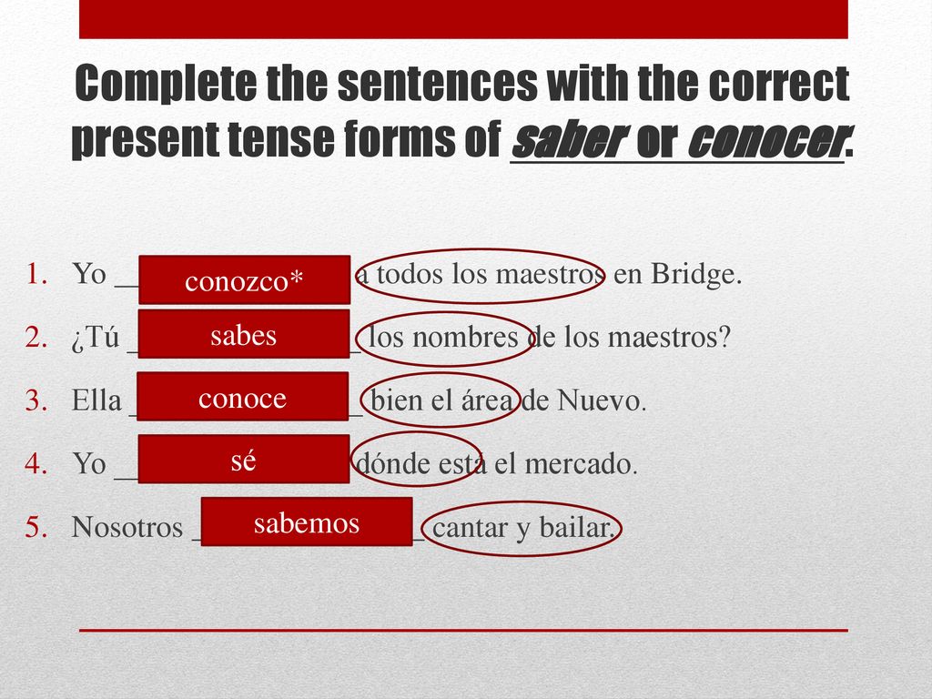 Complete the sentences with the correct present tense forms of saber or conocer.