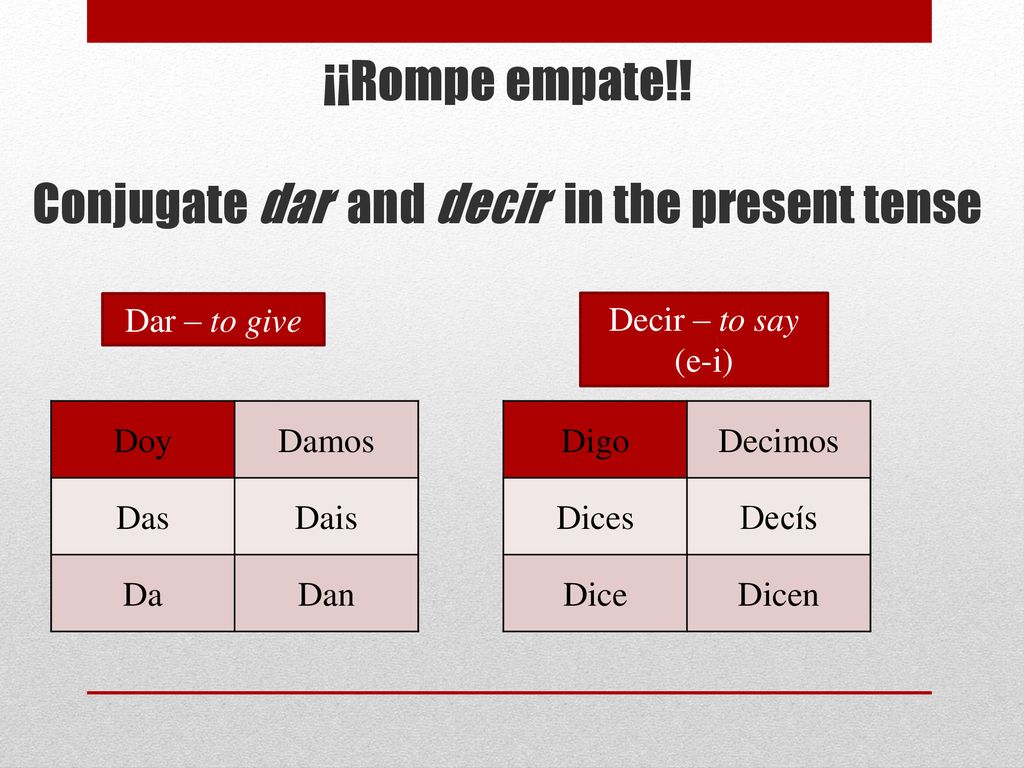 ¡¡Rompe empate!! Conjugate dar and decir in the present tense