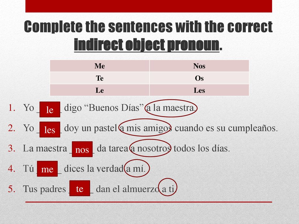 Complete the sentences with the correct indirect object pronoun.