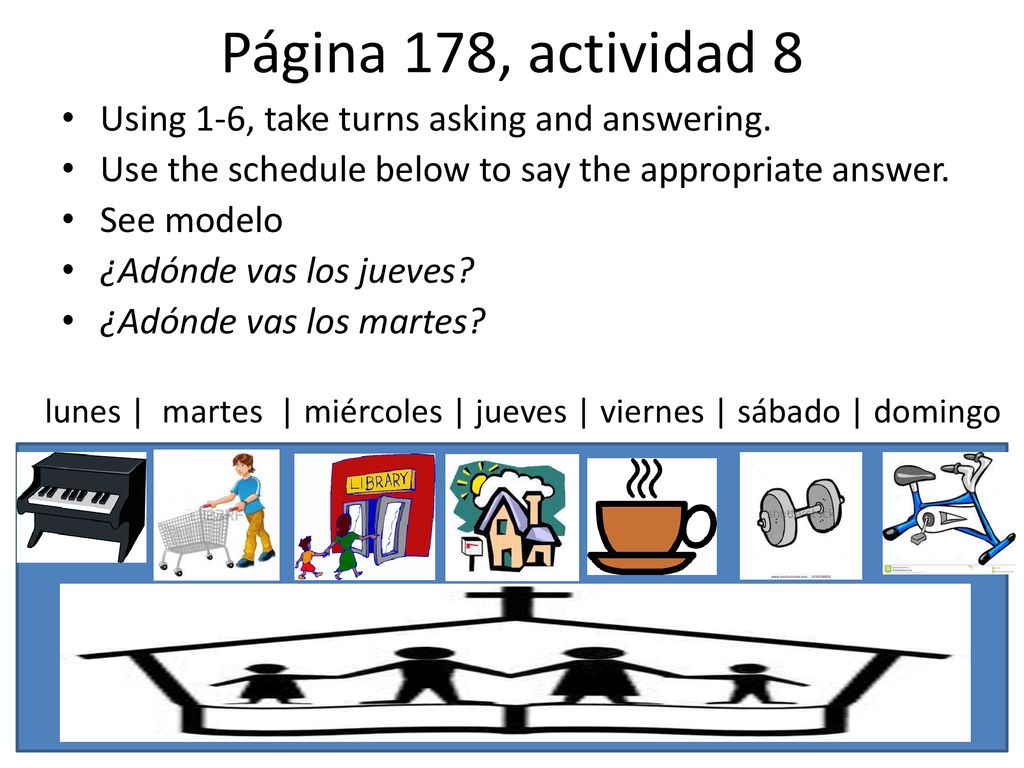 Página 178, actividad 8 Using 1-6, take turns asking and answering.