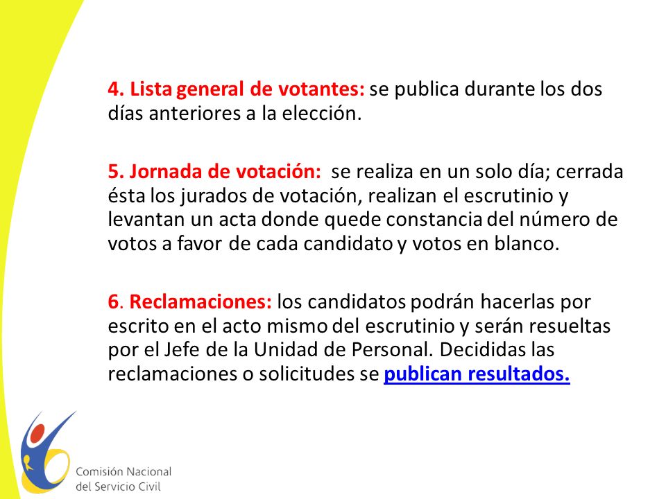 4. Lista general de votantes: se publica durante los dos días anteriores a la elección.