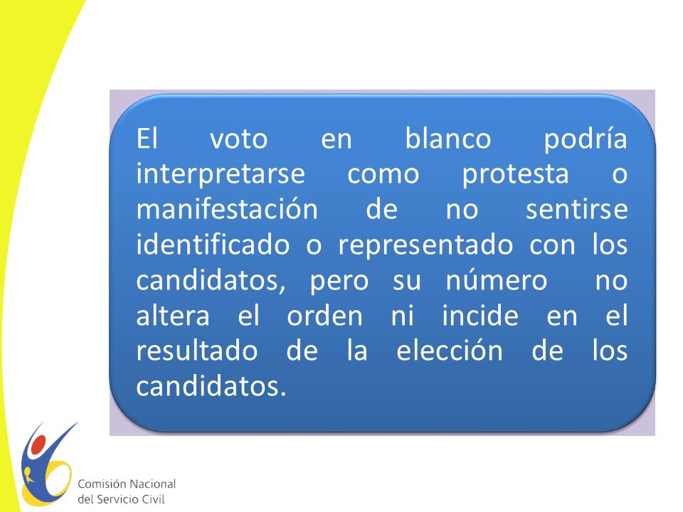 El voto en blanco podría interpretarse como protesta o manifestación de no sentirse identificado o representado con los candidatos, pero su número no altera el orden ni incide en el resultado de la elección de los candidatos.