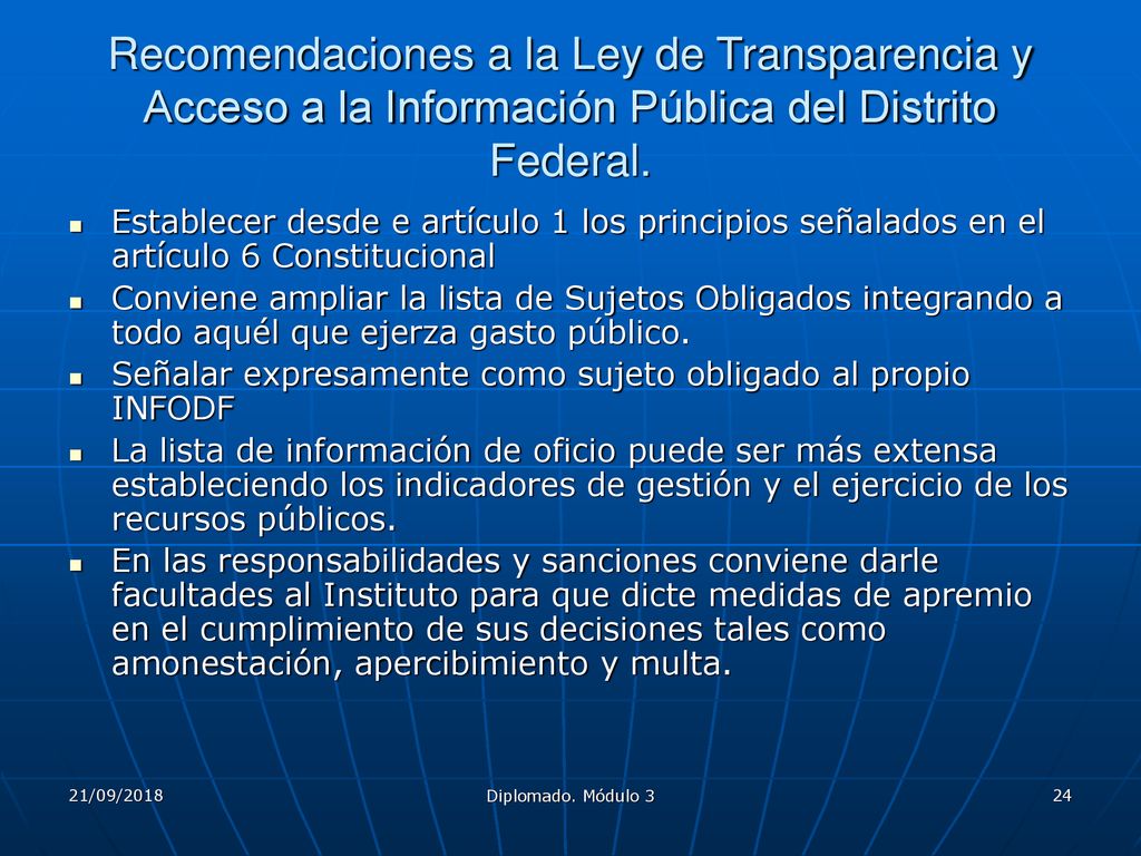 Recomendaciones a la Ley de Transparencia y Acceso a la Información Pública del Distrito Federal.
