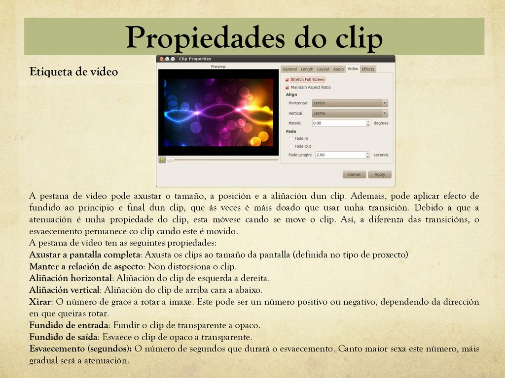 Propiedades do clip Etiqueta de vídeo